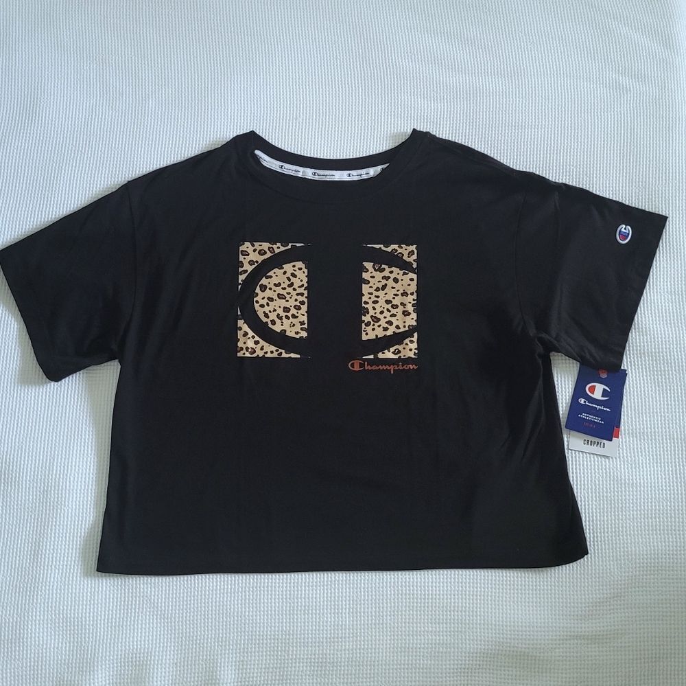 Champion🏆Black🖤 Cropped Leopard🐆 Logo Tee👕 - NWT